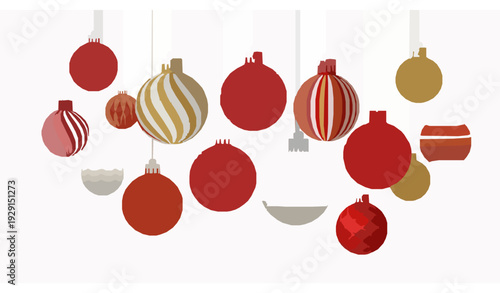 Decorative Gold Red White Christmas Baubles Hanging Vector Illustration