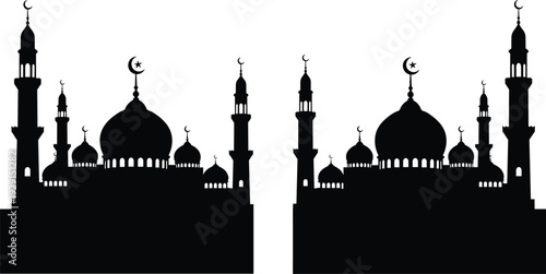 Black silhouette of two mosques with domes and minarets on white background mosque silhouette black and white