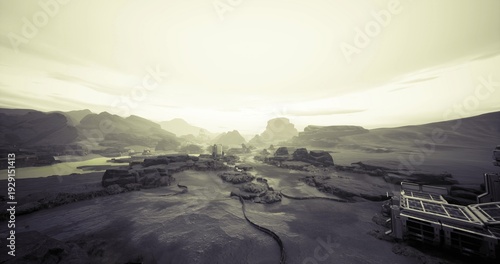 Canvas Print dawn desert outpost bathed in haze, scattered structures and tracks suggest surv