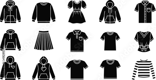 Black clothing icons set featuring hoodies shirts dress skirt and casual apparel silhouettes isolated vector illustration