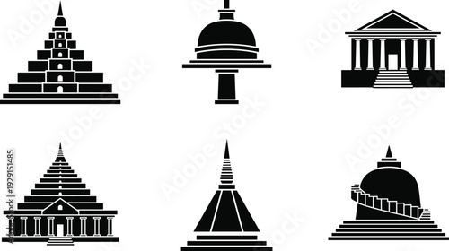 Black silhouette Asian temple and monument icons set isolated on white background vector illustration collection