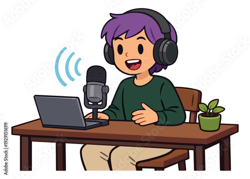 Cartoon illustration of a young person depicting podcasting for online content creation