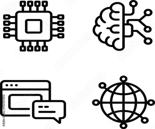 Artificial intelligence icon set with computer microchip, digital neural brain, global network and web chat bubble