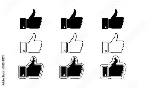 Thumbs Up Icon Set – Like Symbol in Solid, Outline and Sticker Style