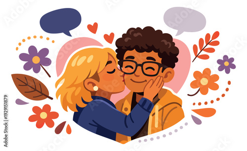 Modern graphic illustration of a loving couple depicting a tender kiss for romance