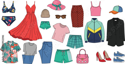 Women’s Trendy Summer Clothing Vector Set with Dress, Swimwear, Skirt, Shorts, Jacket, Shoes, Hat, and Accessories for Fashion Collection Design.