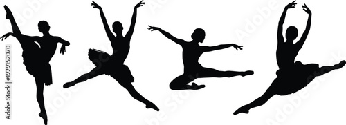 Elegant ballet dancer silhouettes in dynamic classical poses isolated on white background vector illustration set