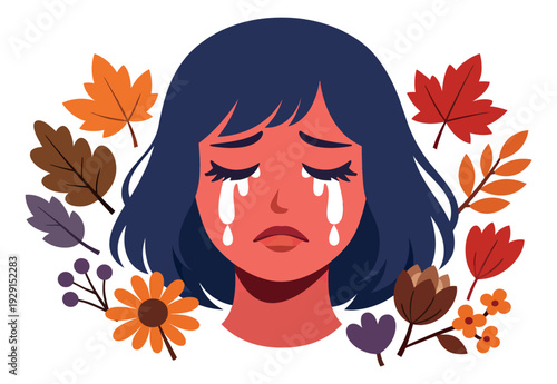 Flat style illustration of a crying woman depicting sorrow and autumn leaves for seasonal concepts