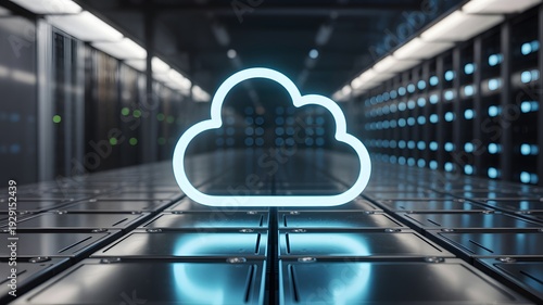 A glowing cloud icon in a futuristic server room with blue lights and technology
