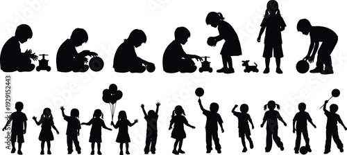 Black silhouettes of children playing with toys and balloons on white background kids