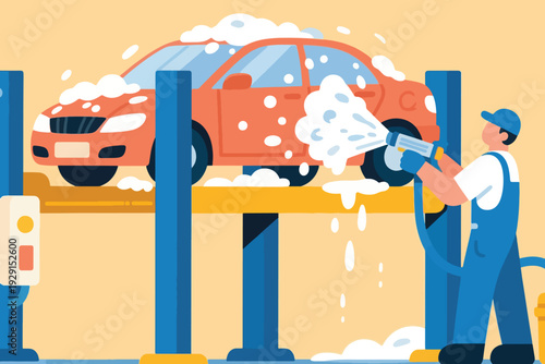 Cartoon illustration of worker in blue overalls washing red car on hydraulic lift with high pressure hose spraying foam and soap suds, professional auto detailing station highlighting cleanliness and 
