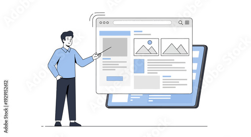 Man presenting a digital webpage illustration.