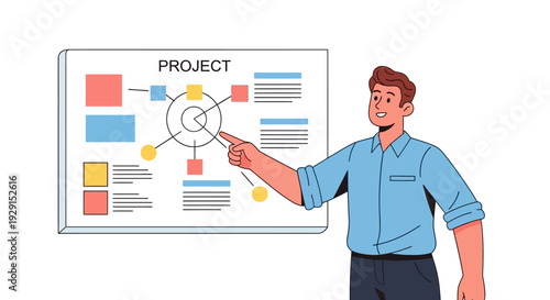 Man presenting a project flowchart diagram.