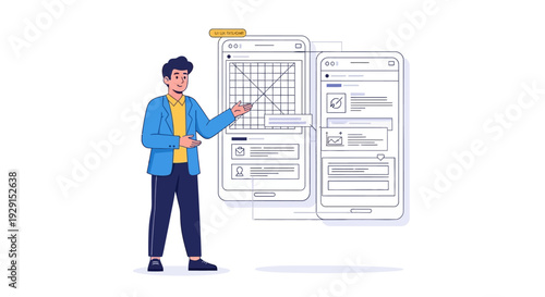 Man presenting digital interface design concept.