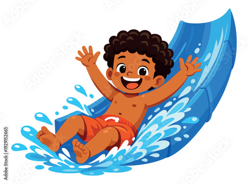 Playful cartoon illustration of an excited boy depicting splashing happily down a water slide for summer fun and recreation