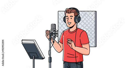 Man Recording Voice in Studio with Headphones.