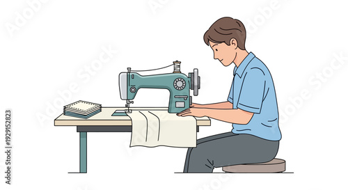 Man Sewing Fabric on Industrial Machine.