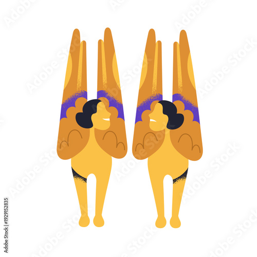 Mythical fantasy birds with women heads. Fictional creature, sirens with female faces, wings. Myth folk human and animal hybrid. Creative flat vector illustration isolated on white background