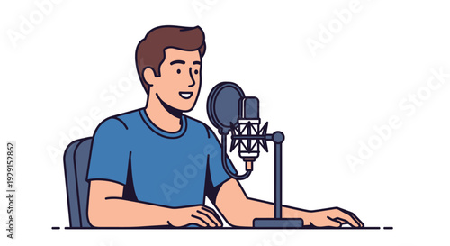 Man Sitting at Desk with Microphone.