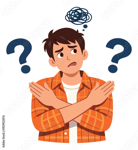 Modern flat design illustration of a young man depicting confusion and uncertainty for decision making