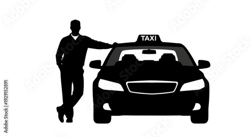 Man Standing Beside Taxi Vehicle Silhouette.