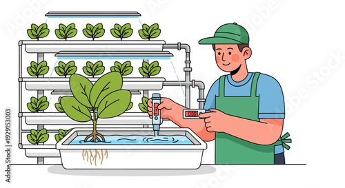 Man Tending Hydroponic Plants in Greenhouse.
