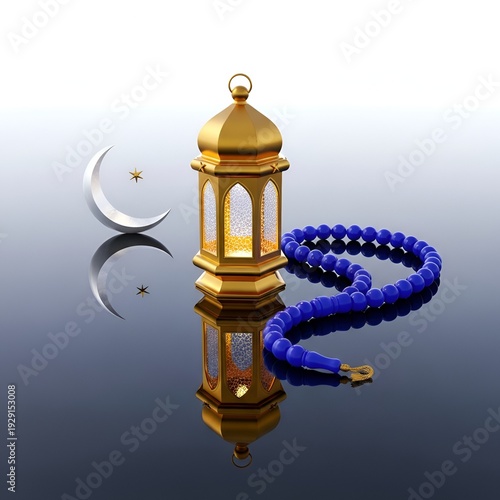 Wallpaper Mural Golden Ramadan lantern with crescent moon and prayer beads on reflective surface Torontodigital.ca