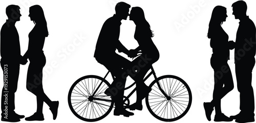 Black silhouettes of couples on and beside bicycle bike