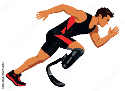 Modern illustration of a male runner with a prosthetic leg depicting an athletic sprint for sports and fitness