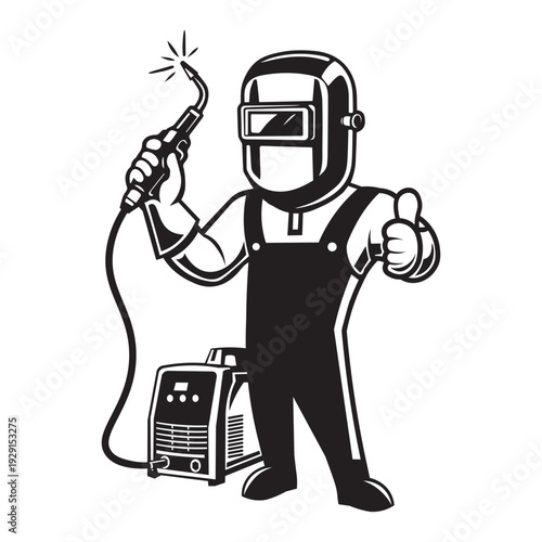 Professional Welder Mascot Character Holding Welding Torch in retro style Illustration