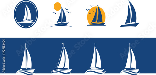 Sailboat Logo and Icon Vector Set with Ocean Waves, Sunset, and Seagulls for Marine Travel, Yacht Club, and Nautical Branding Design.