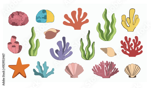 Cute underwater coral and seaweed cartoon vector set EPS 10
