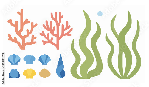 Flat underwater coral reef elements vector isolated EPS 10
