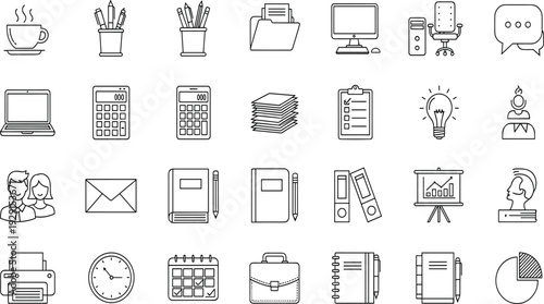 Business, office, icons, set, work, stationery, management, productivity, workplace, desk, equipment, supplies, finance, planning, organization, professional, career, strategy, corporate, startup.