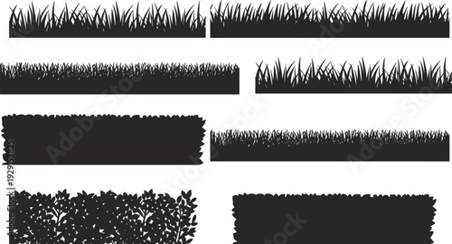 Grass and hedge silhouette borders set isolated on white background, black garden plants landscape design elements collection
