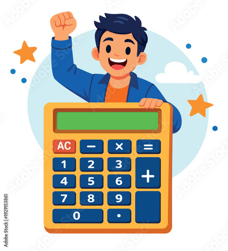 Flat illustration of a happy man depicting success with a calculator for financial planning