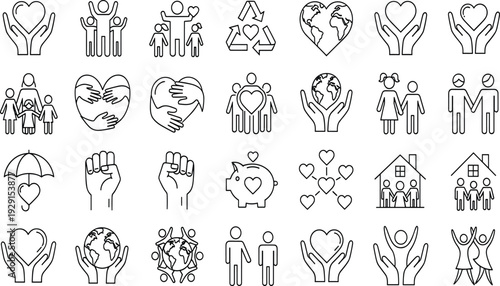 Charity, and, community, icons, set, featuring, hearts, hands, families, donation, global, support, care, unity, volunteers, environmental, protection, kindness, social, welfare