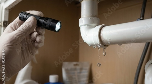 Plumbing repair inspecting leaking PVC pipe under sink