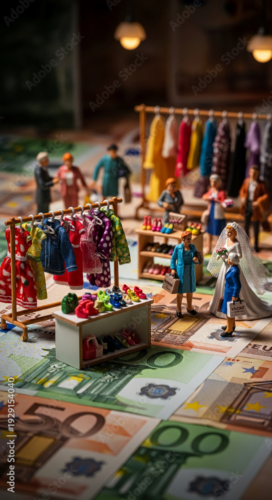 Fototapeta premium Miniature figures at small shop with clothes, shoes and money. Concept of spending and consuming, or a small business scene, luxury and retail