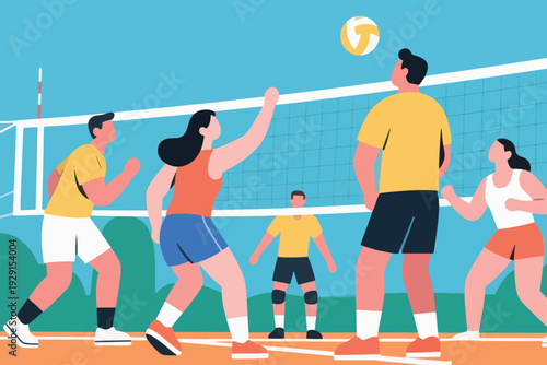 Cartoon illustration of outdoor volleyball game with six players, three on each side of net, ball mid air, clear blue sky and green landscape background highlighting teamwork, energy, and competition.