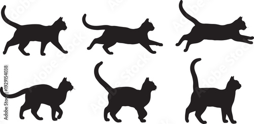 Six black silhouette cats in various dynamic poses showcasing different gaits and movements