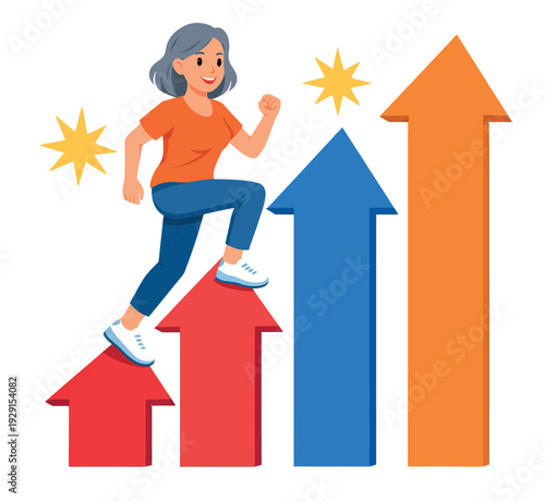 Flat design illustration of a mature woman depicting upward movement on ascending arrows for success and business growth
