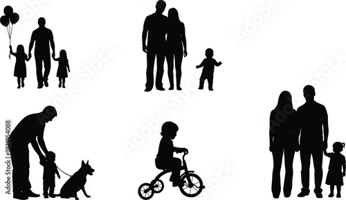 Black silhouettes of people and pets in various family scenes children adults