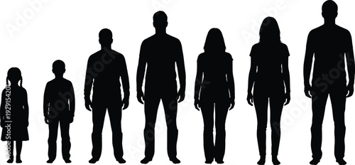 Black silhouettes of people in a row white background standing