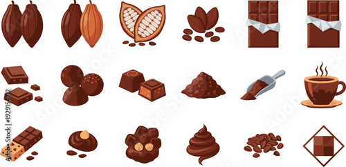 Cocoa and Chocolate Vector Set with Cacao Pods, Chocolate Bars, Truffles, Cocoa Powder and Hot Drink Illustration Collection
