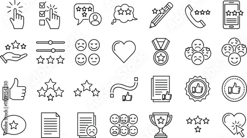 Customer, feedback, and, rating, icons, set, for, business, review, satisfaction, survey, user, experience, quality, service, online, reputation, marketing, analysis, management.