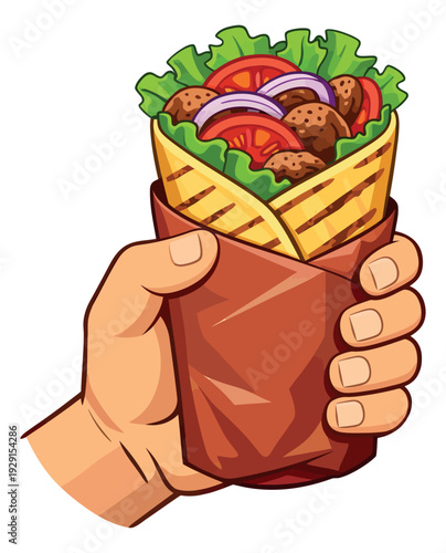 Cartoon illustration of a hand holding a kebab wrap depicting a delicious fast food meal for a quick lunch