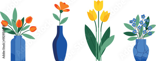 Flower Vase Vector Set with Tulips and Decorative Floral Arrangements in Blue Glass Bottles for Home Interior, Wedding Decor, and Botanical Design.
