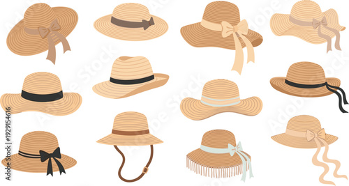 Straw Summer Hats Vector Set with Wide Brim Beach Sun Hats, Ribbon Bows and Elegant Woven Fashion Accessories Collection