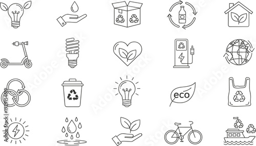 Eco, friendly, and, environmental, sustainability, icons, set, featuring, recycling, renewable, energy, green, technology, nature, conservation, ecology, climate, protection, lifestyle, collection.